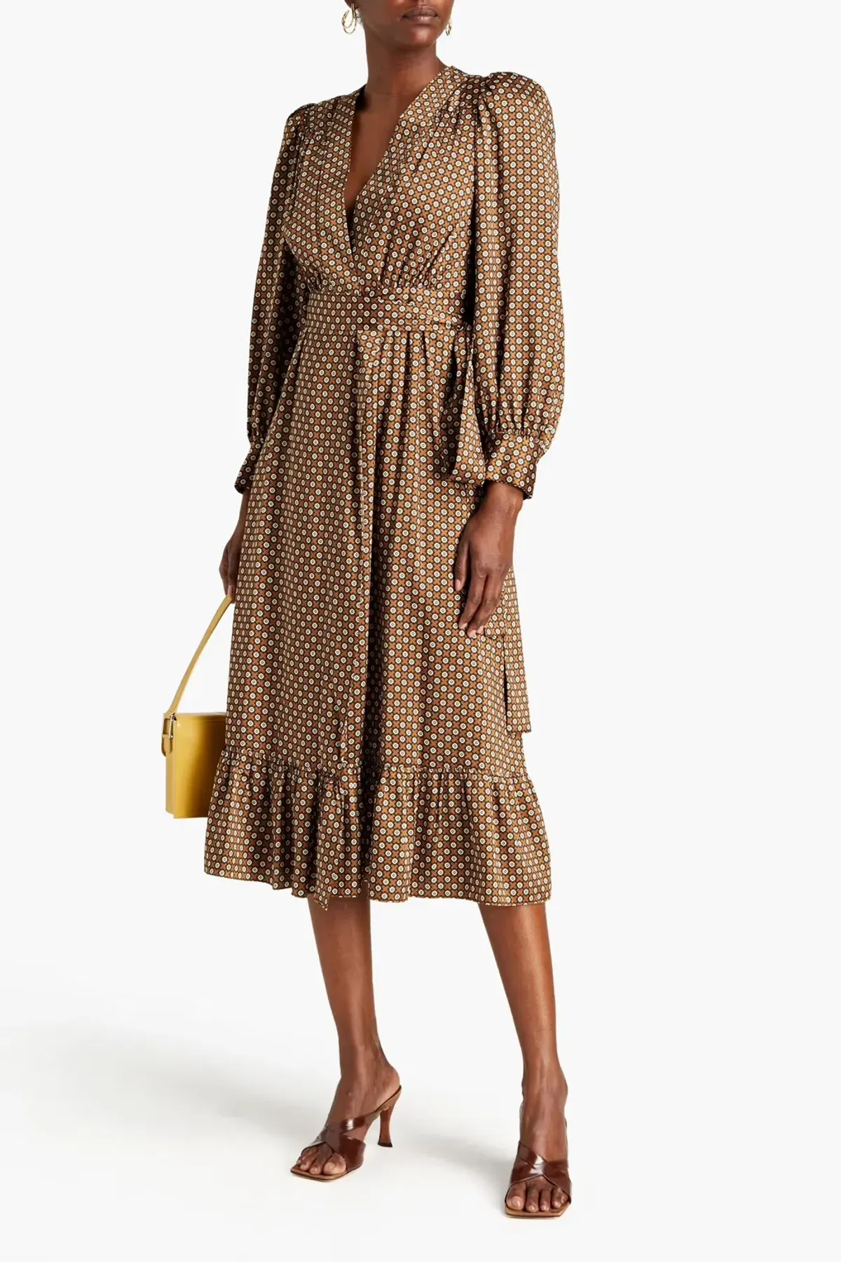 Sandro Janine Midi Wrap Dress Brown Twill Print Size AU 12 / L for rent on The Volte - main image