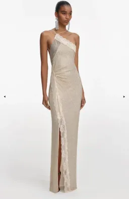 SELF-PORTRAIT CHAMPAGNE RHINESTONE LACE TRIM MAXI DRESS IN AU 8 for rent on The Volte - image 1