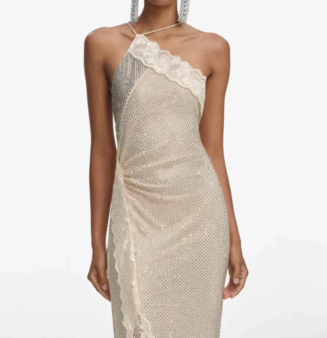 SELF-PORTRAIT CHAMPAGNE RHINESTONE LACE TRIM MAXI DRESS IN AU 8 for rent on The Volte - main image