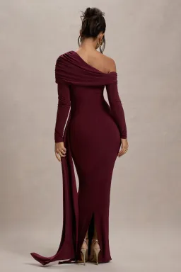 Club L London VALINA Dress - Burgundy Ruched Asymmetric Maxi Dress With Drape for rent on The Volte - image 2
