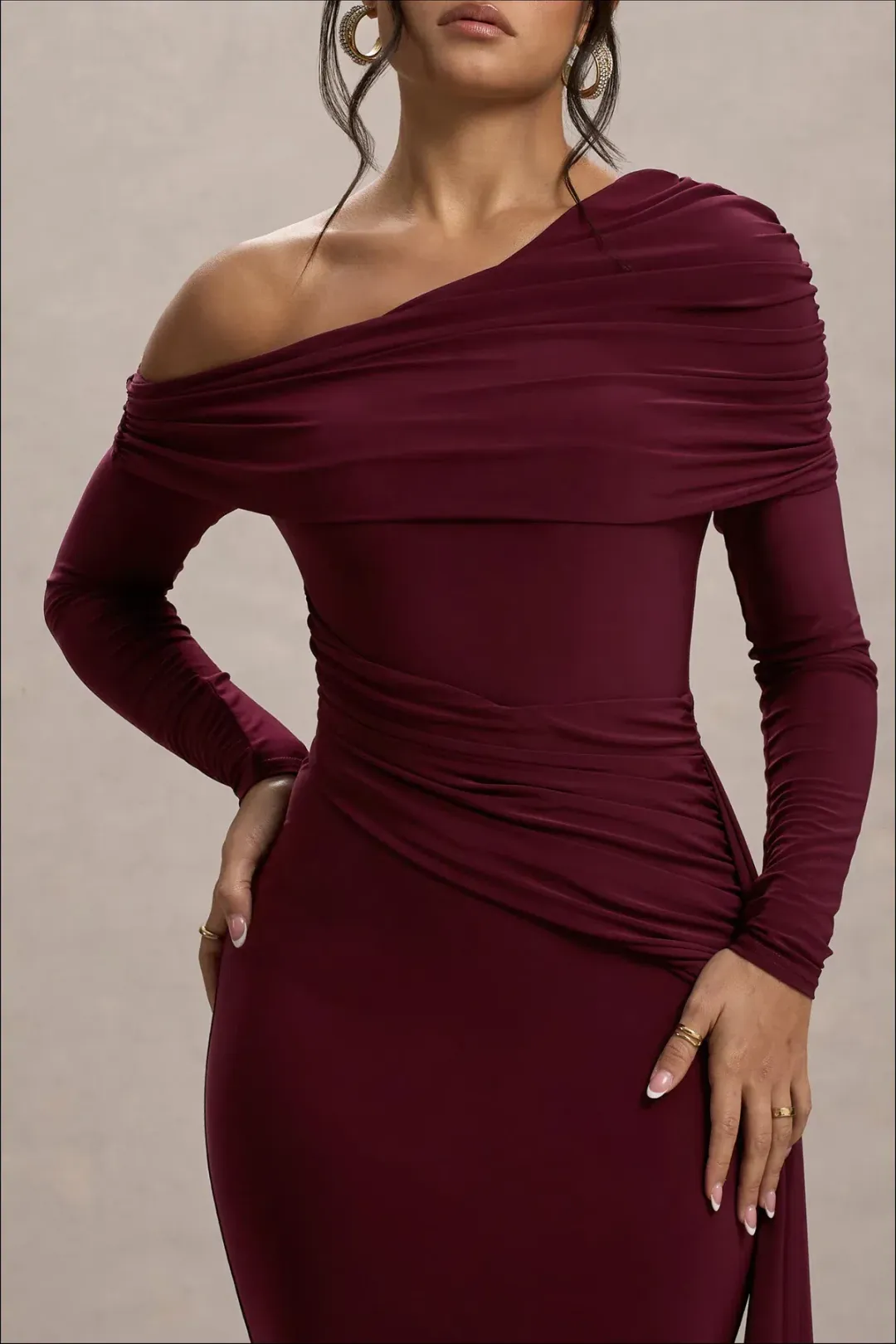 Club L London VALINA Dress - Burgundy Ruched Asymmetric Maxi Dress With Drape for rent on The Volte - main image