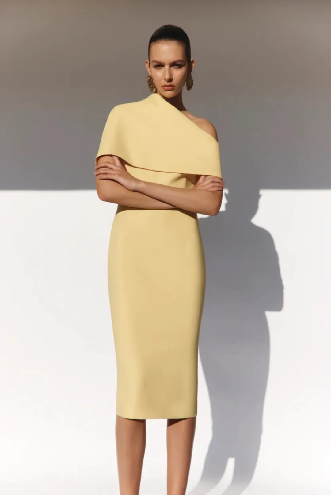 Butter crepe draped collar dress for rent on The Volte - main image
