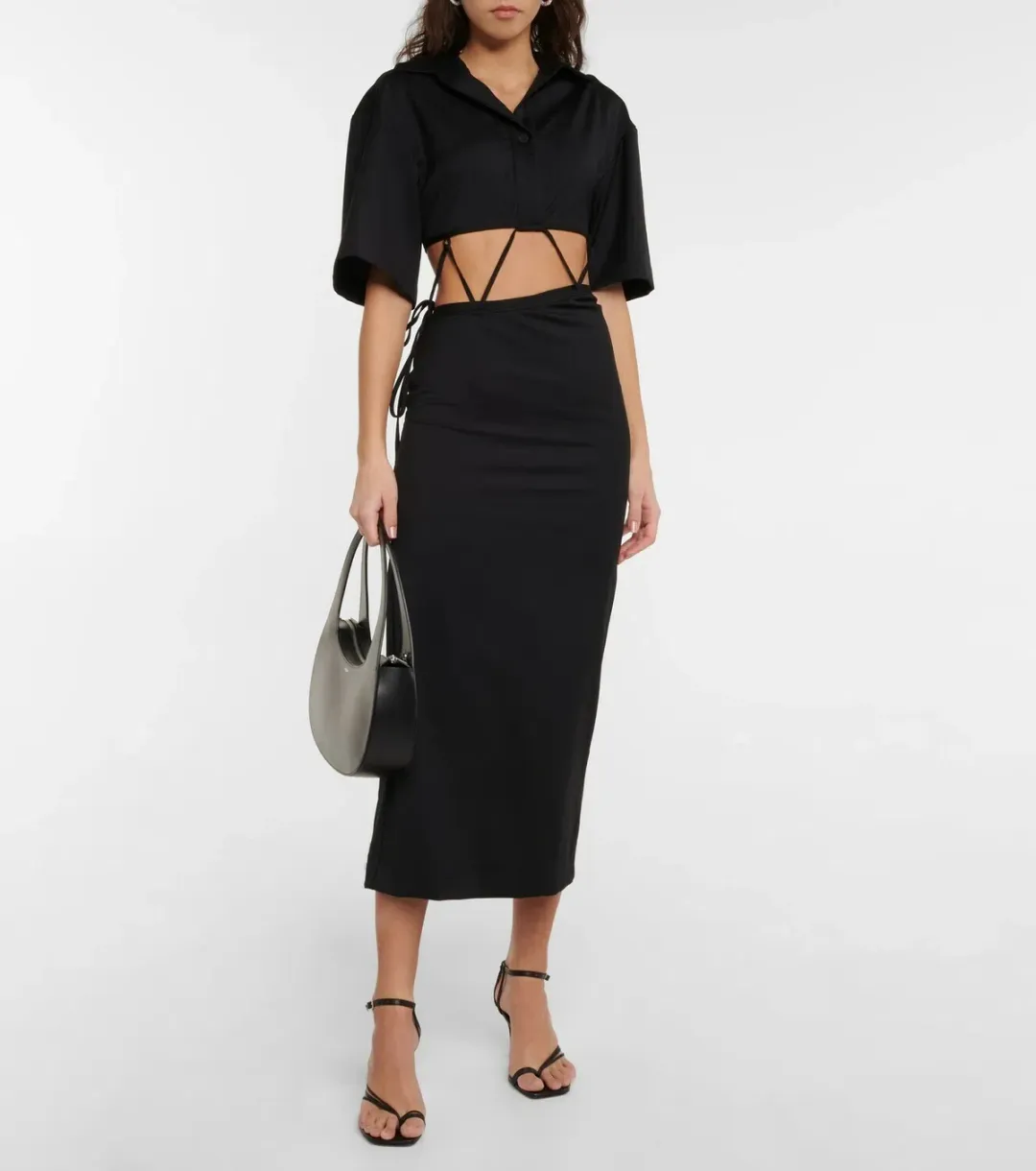 Midi Wool Blend Cut Out Shirt Dress Black for rent on The Volte - main image