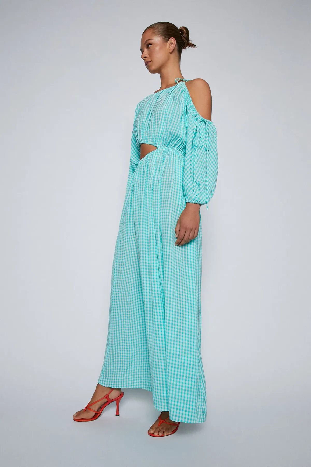 Turquoise Gingham Drawstring Dress - Image 3