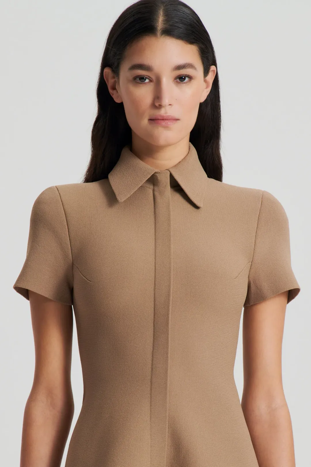 Crepe Knit Zip Shirt Mini Dress Camel for rent on The Volte - main image