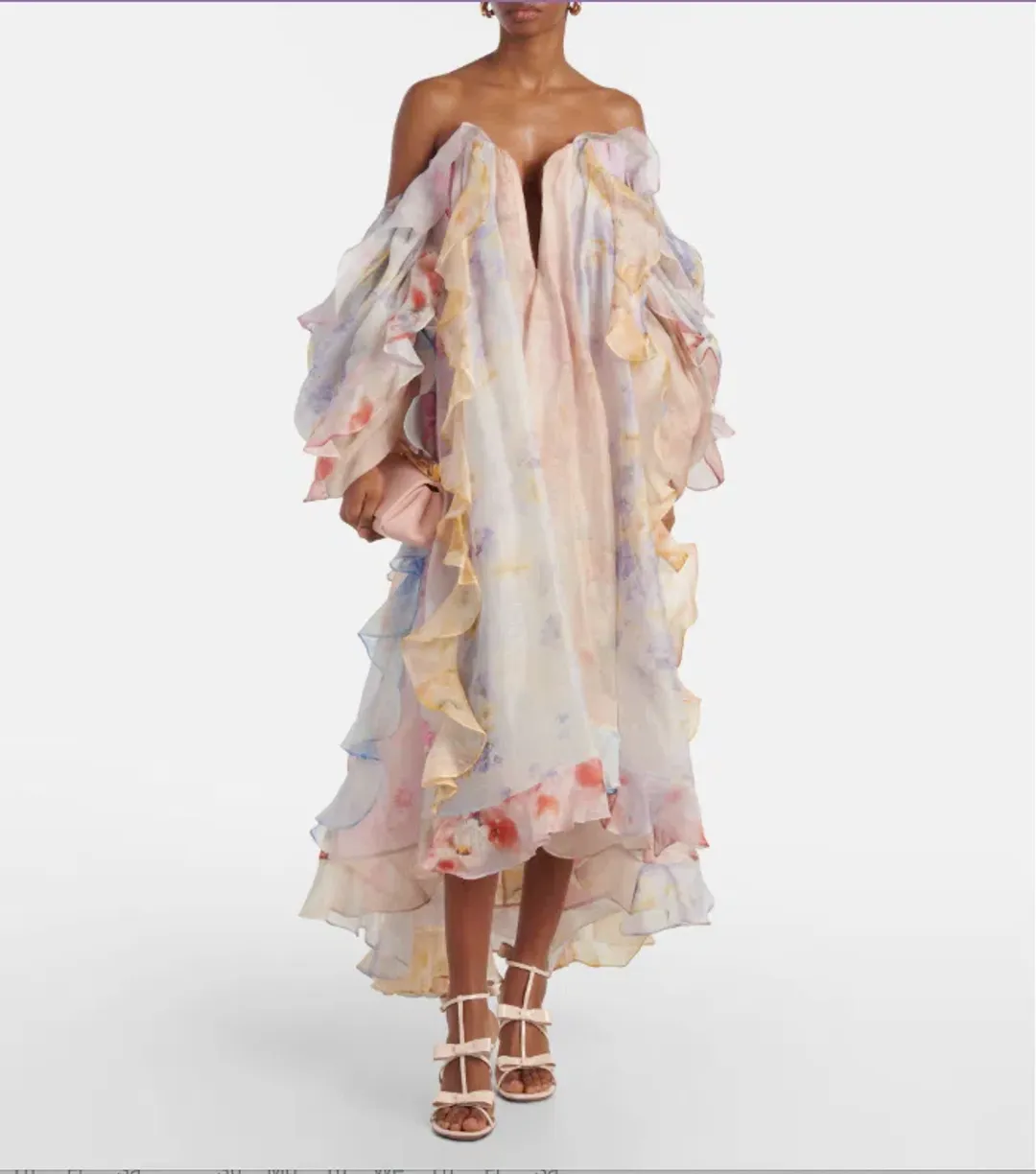 Zimmermann Crush Ruffled Off-the-shoulder Linen-silk Gown In Multi Floral Gown in size 8 for rent on The Volte - main image