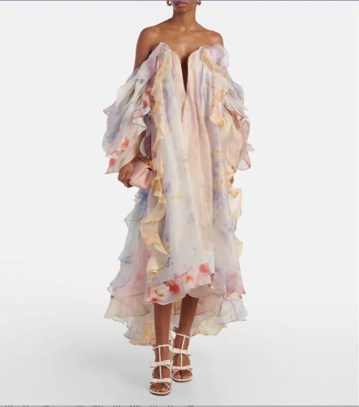 Zimmermann Crush Ruffled Off-the-shoulder Linen-silk Gown In Multi Floral Gown in size 8 - Image 1