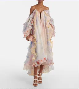 Zimmermann Crush Ruffled Off-the-shoulder Linen-silk Gown In Multi Floral Gown in size 8 for rent on The Volte - image 1