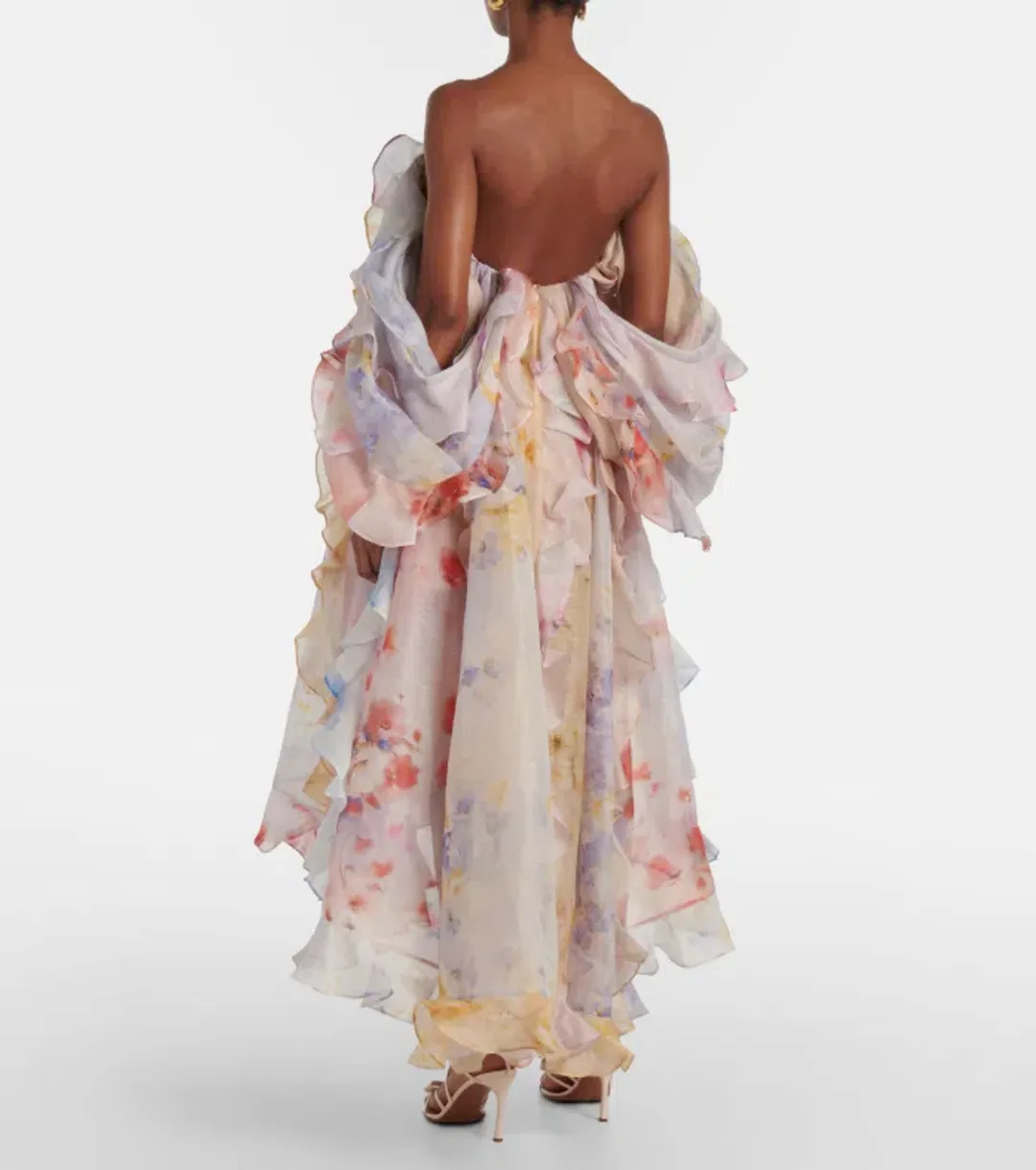 Zimmermann Crush Ruffled Off-the-shoulder Linen-silk Gown In Multi Floral Gown in size 8 for rent on The Volte - main image