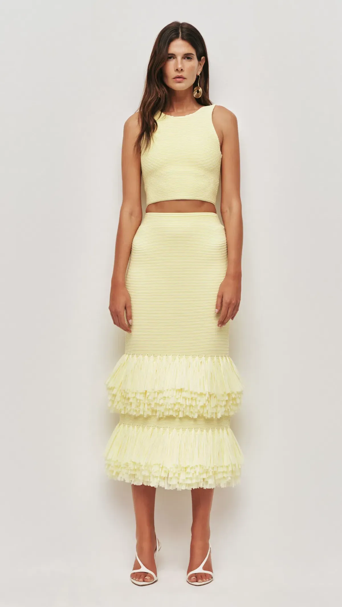 AJE Agave Knit Top and Raffia Midi Skirt in Lemon Size S (8) - Image 3