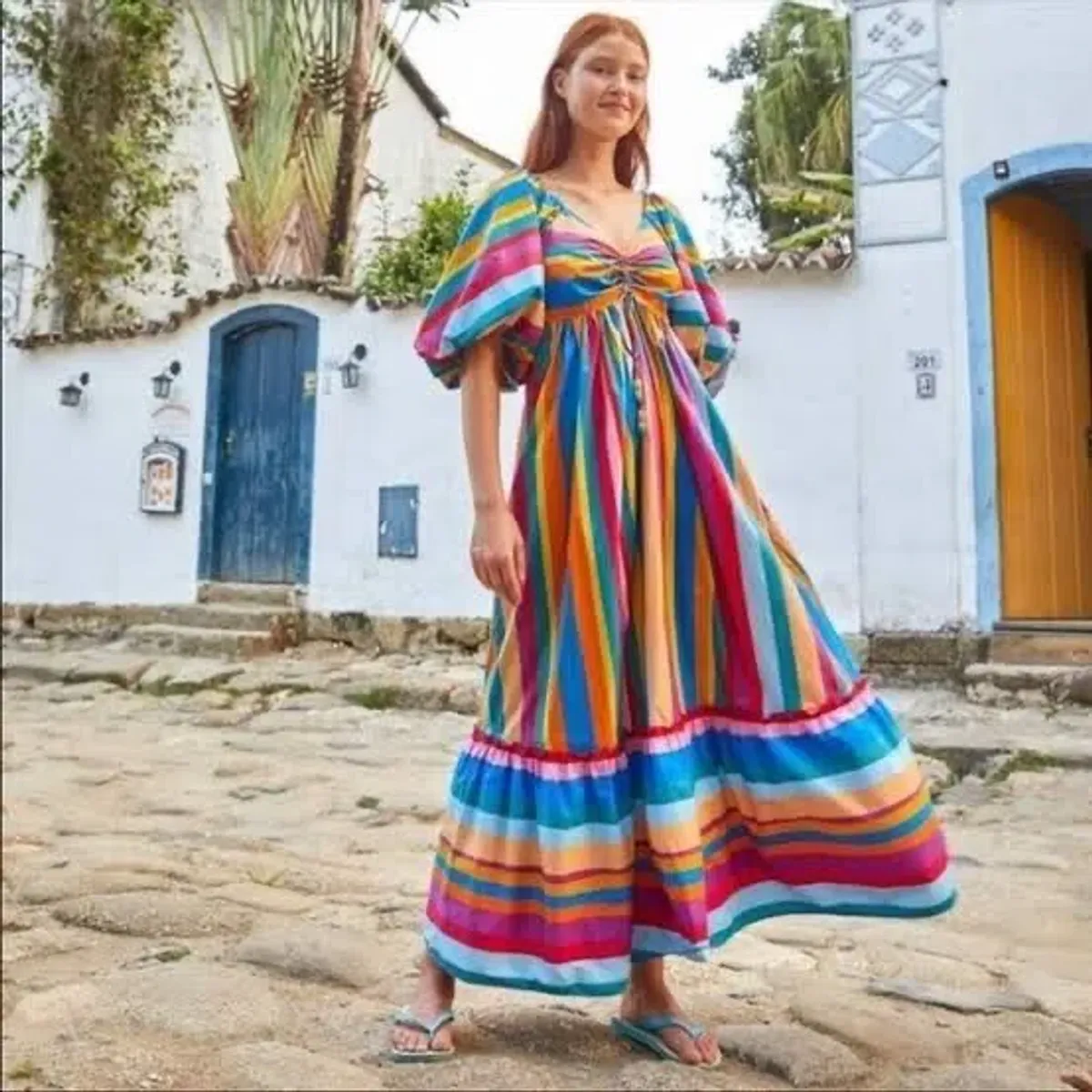 BNWT FARM RIO Maxi Dress Rainbow Stripe s L, 12-14 AU, 44-46 EU RRP $499AU - Image 1