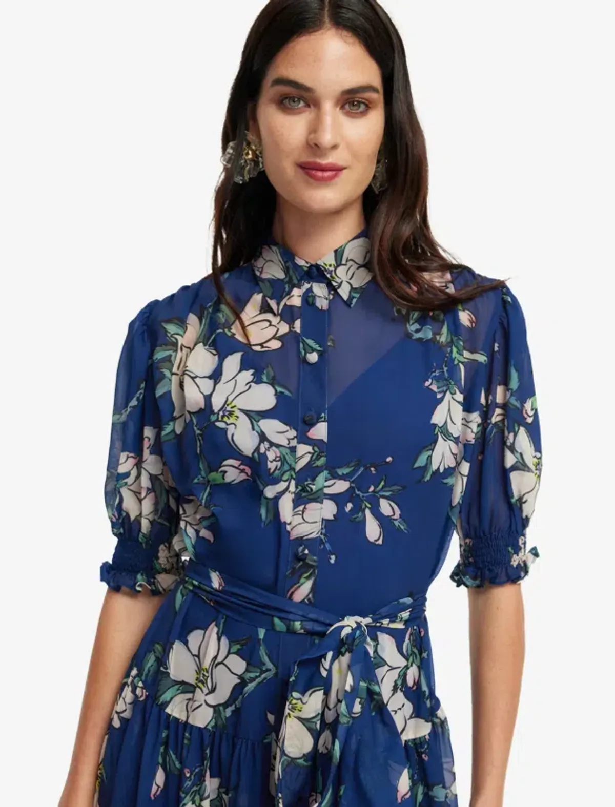 Leo Lin Midnight Magnolia Print Blue Ellie Biship Sleeve Midi Dress - 10 - Image 3