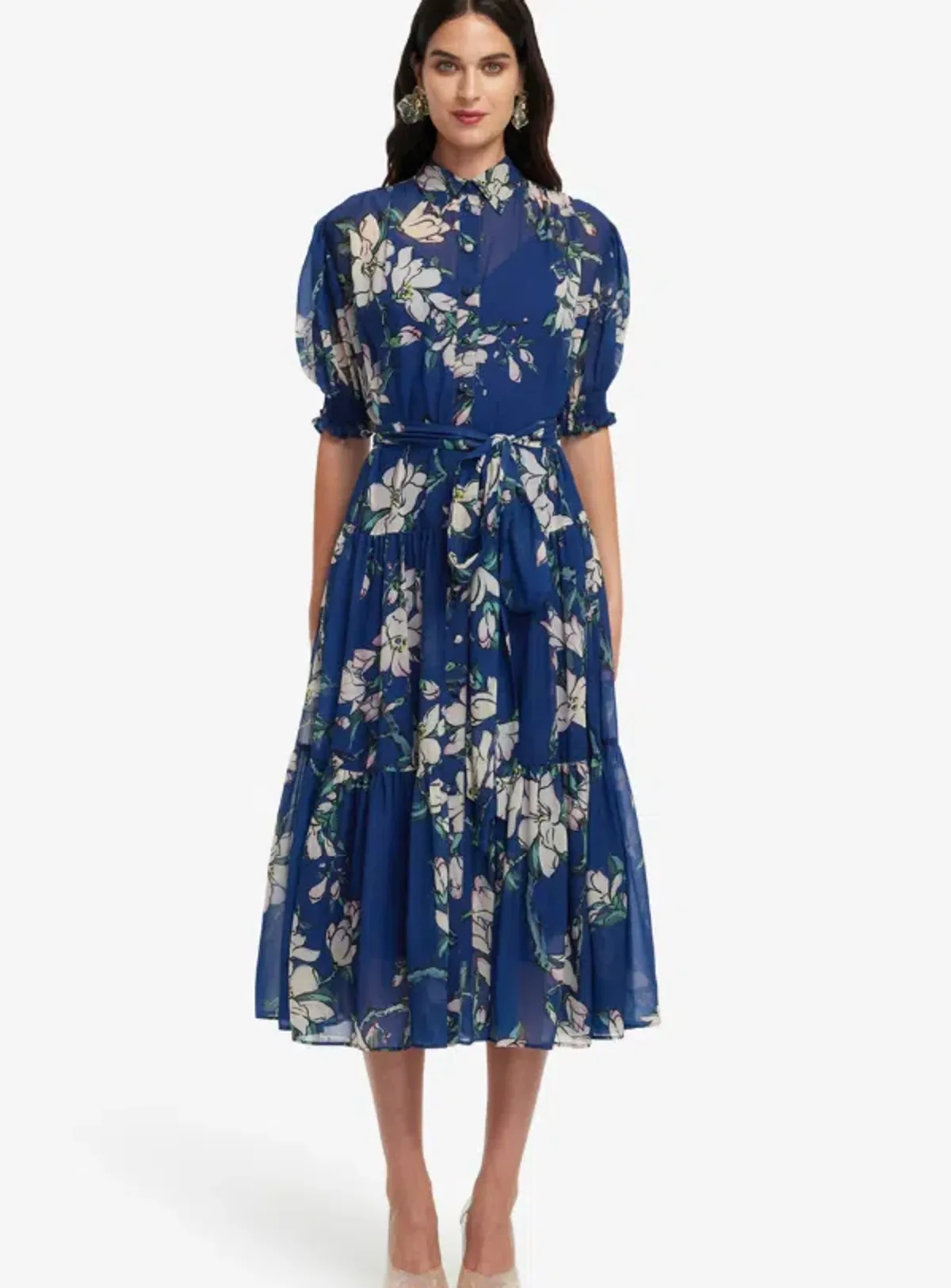 Leo Lin Midnight Magnolia Print Blue Ellie Biship Sleeve Midi Dress - 10 - Image 1
