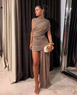 De La Vali Ravenna Mini Dress in Taupe Size AU 6 for rent on The Volte - image 2