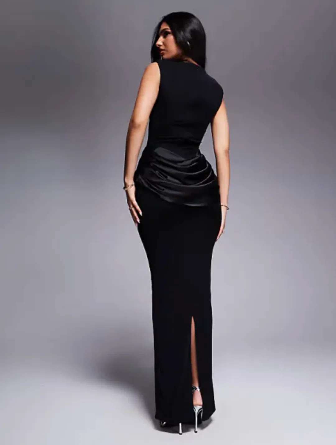 Wanderdoll Eman sleeveless slash neck satin drape waist detail bodycon maxi dress in black Size 12 for rent on The Volte - main image