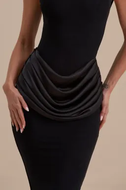 Wanderdoll Eman sleeveless slash neck satin drape waist detail bodycon maxi dress in black Size 12 for rent on The Volte - image 2