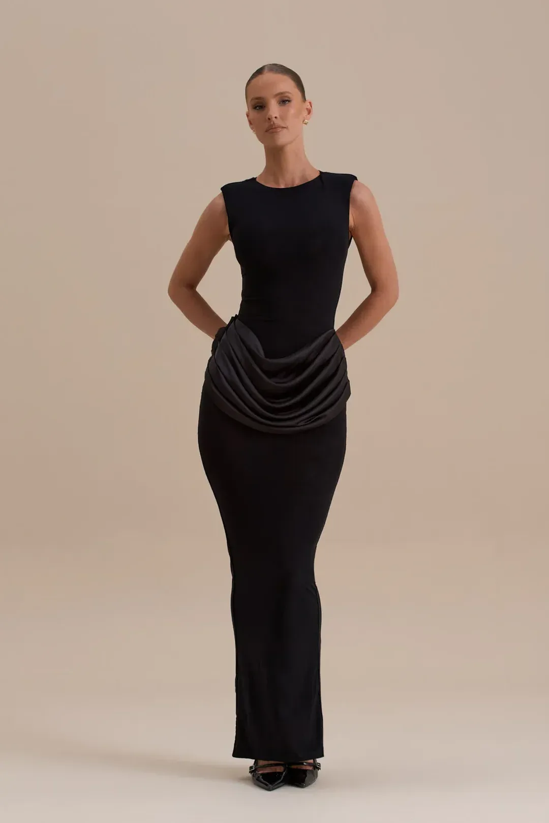 Wanderdoll Eman sleeveless slash neck satin drape waist detail bodycon maxi dress in black Size 12 for rent on The Volte - main image