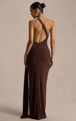 Bonnie Brown Asymmetric-Neck Maxi Dress With Open-Back for rent on The Volte - image 2