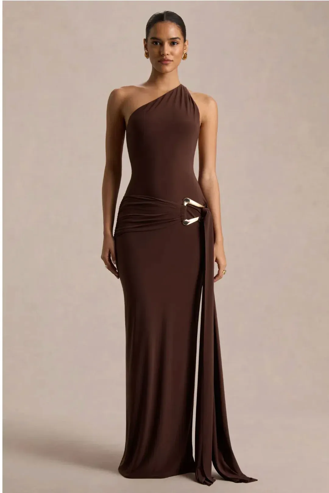 Bonnie Brown Asymmetric-Neck Maxi Dress With Open-Back for rent on The Volte - main image