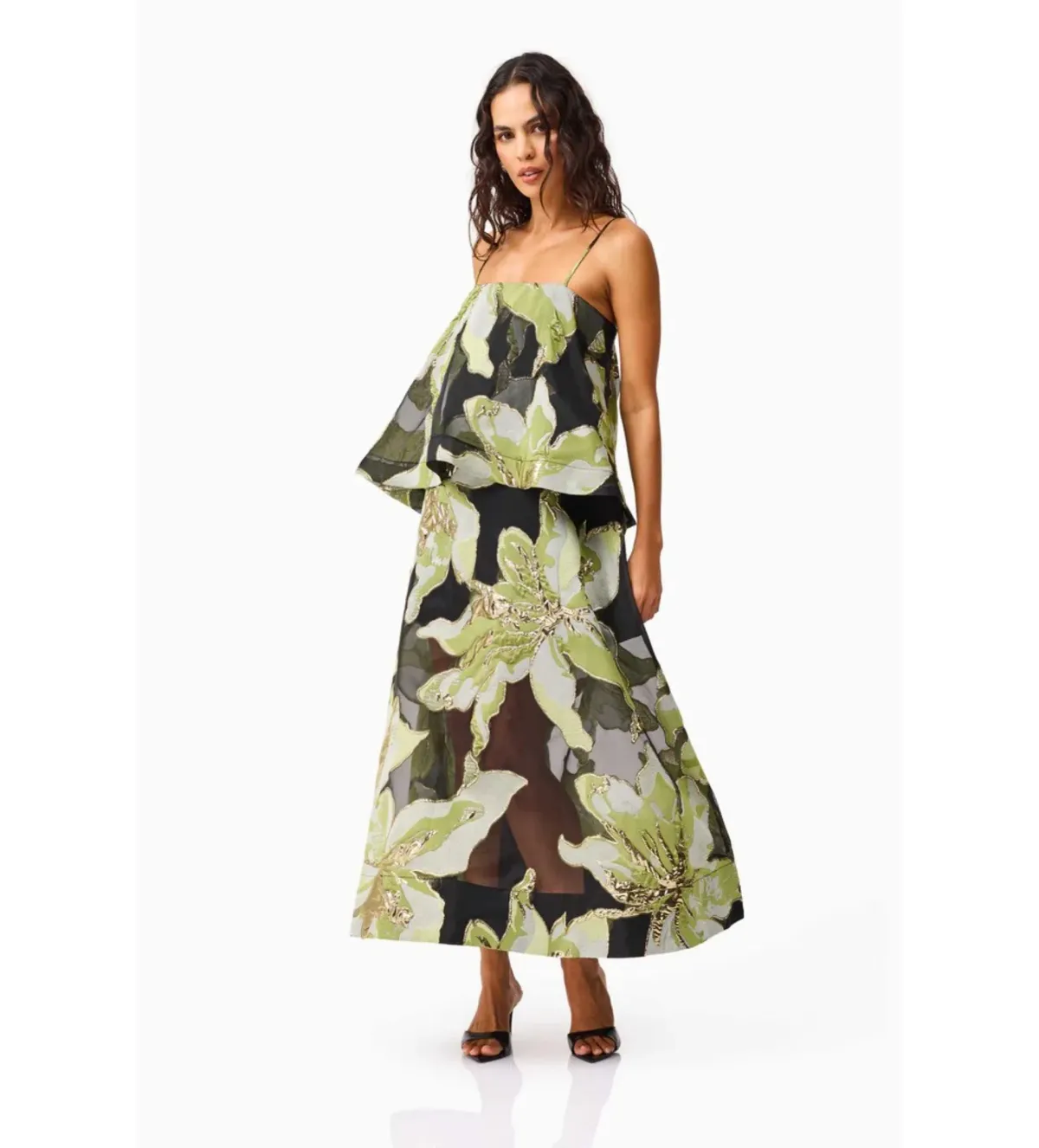 Elliatt Elysia Tiered Gown Black and Green Floral Size L AU 12 - Image 3