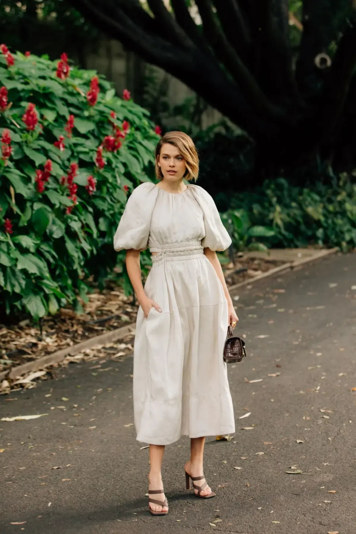 AJE Euphoria Linen Puff Sleeve Cut Out Stone Midi Dress - Image 5