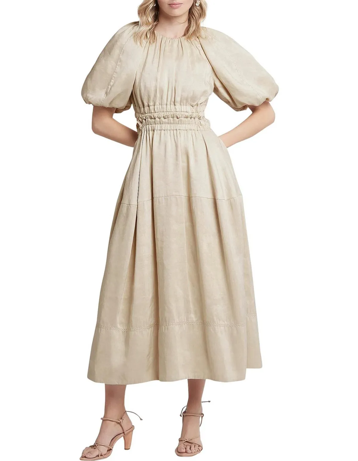 AJE Euphoria Linen Puff Sleeve Cut Out Stone Midi Dress - Image 2