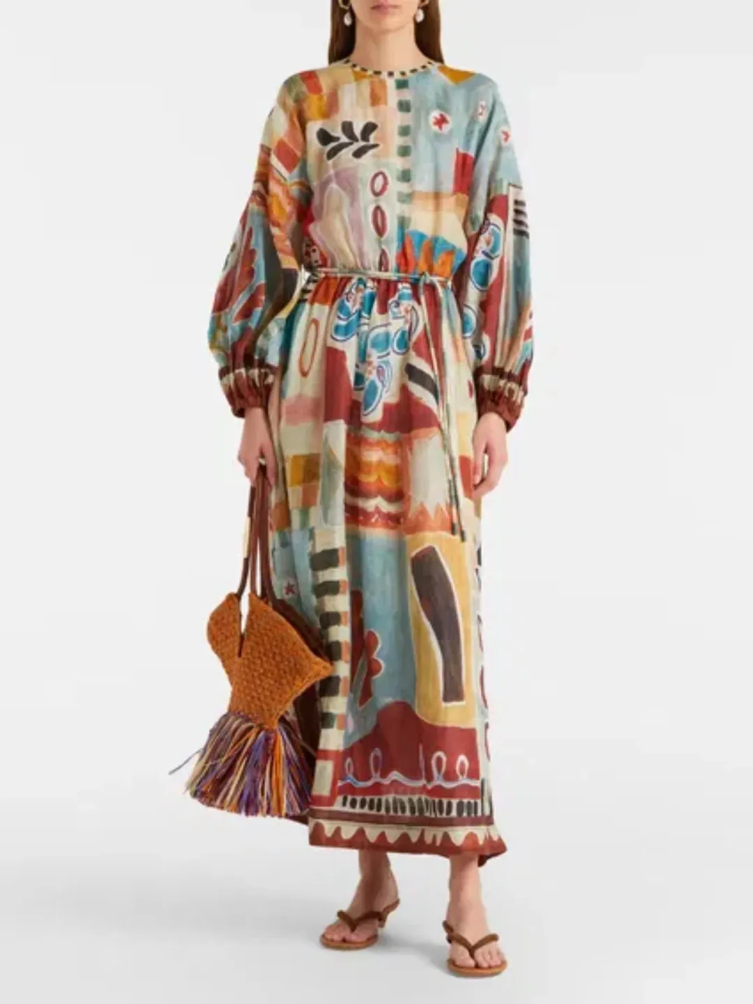 Alemais Michelle Dress Size 16 Printed Ramie Long Sleeve Midi for rent on The Volte - main image