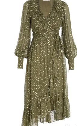 Zimmermann Lurex Wrap Midi Dress in Khaki, Size 3 or 12/14 for rent on The Volte - image 3
