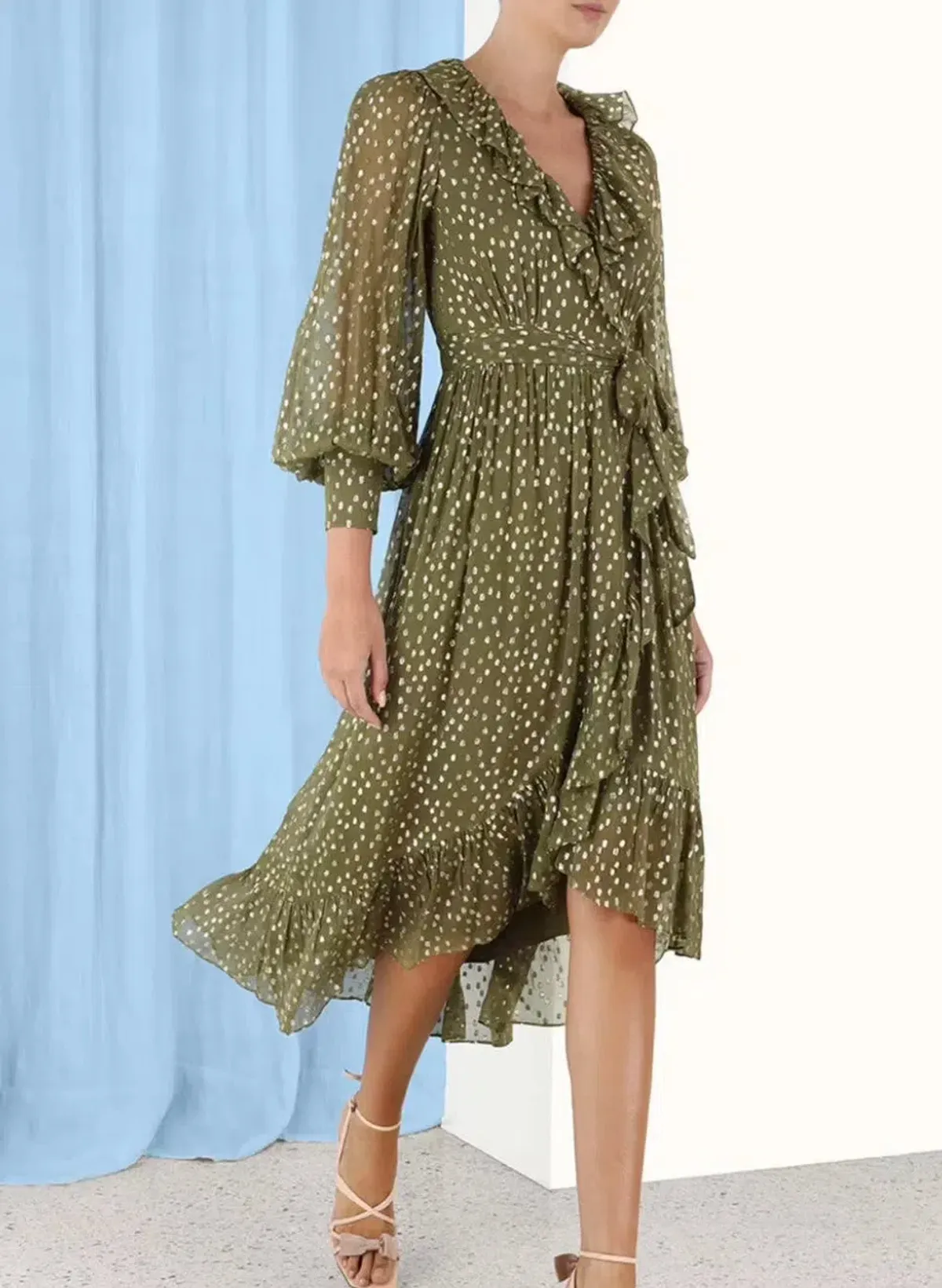 Zimmermann Lurex Wrap Midi Dress in Khaki, Size 3 or 12/14 - Image 1