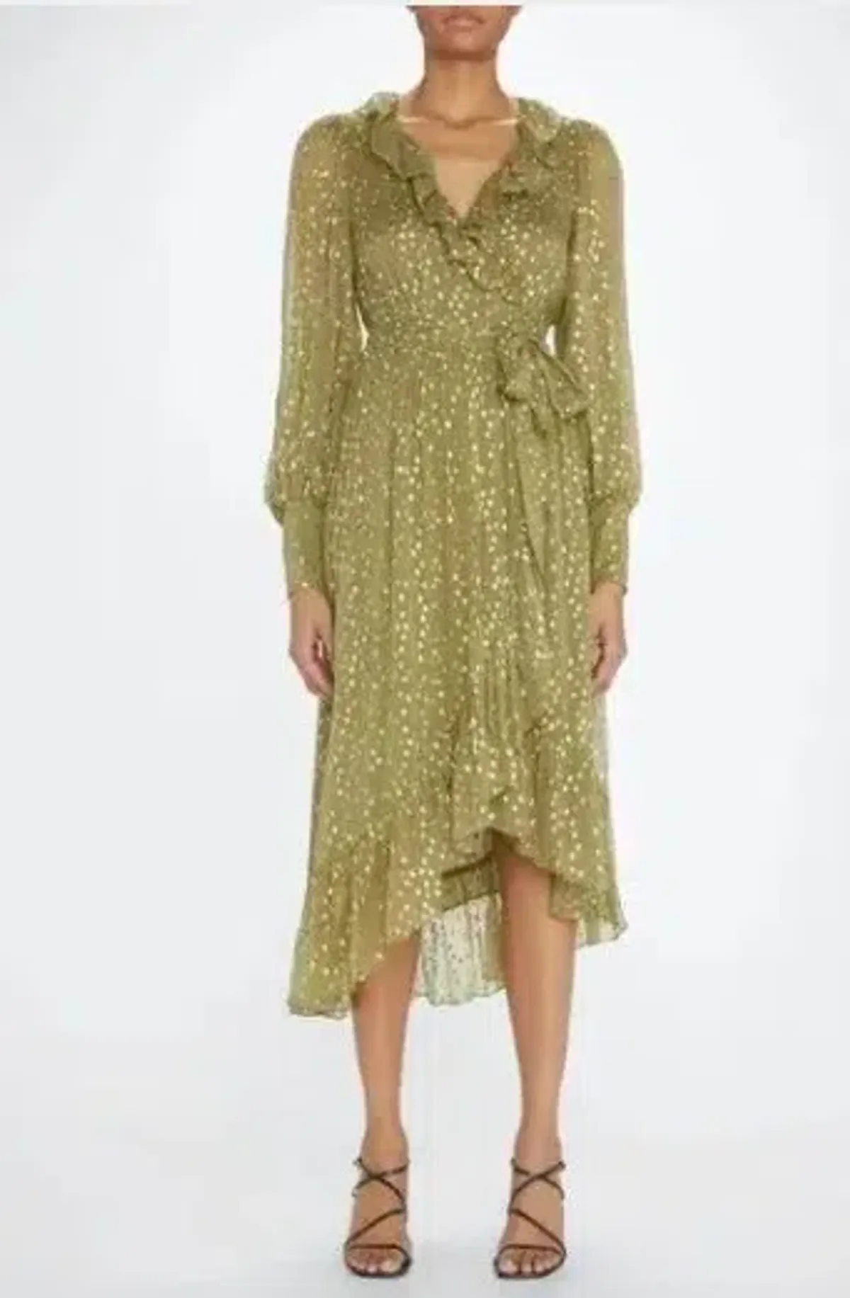 Zimmermann Lurex Wrap Midi Dress in Khaki, Size 3 or 12/14 - Image 5