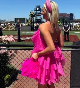 Aje Pandorea Layered Mini Dress size 10 Fuchsia Pink for rent on The Volte - image 3