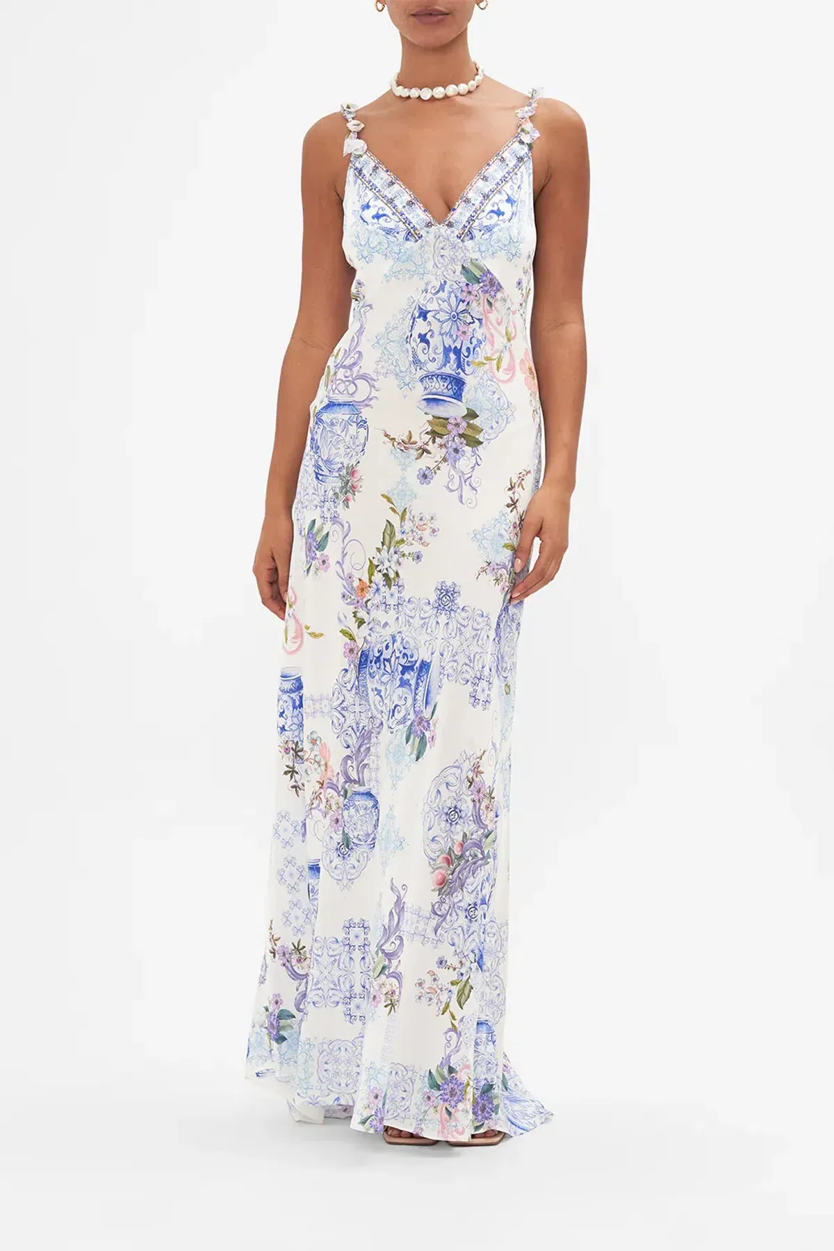 V Neck Full Length Bias Slip Dress Size L - Image 2