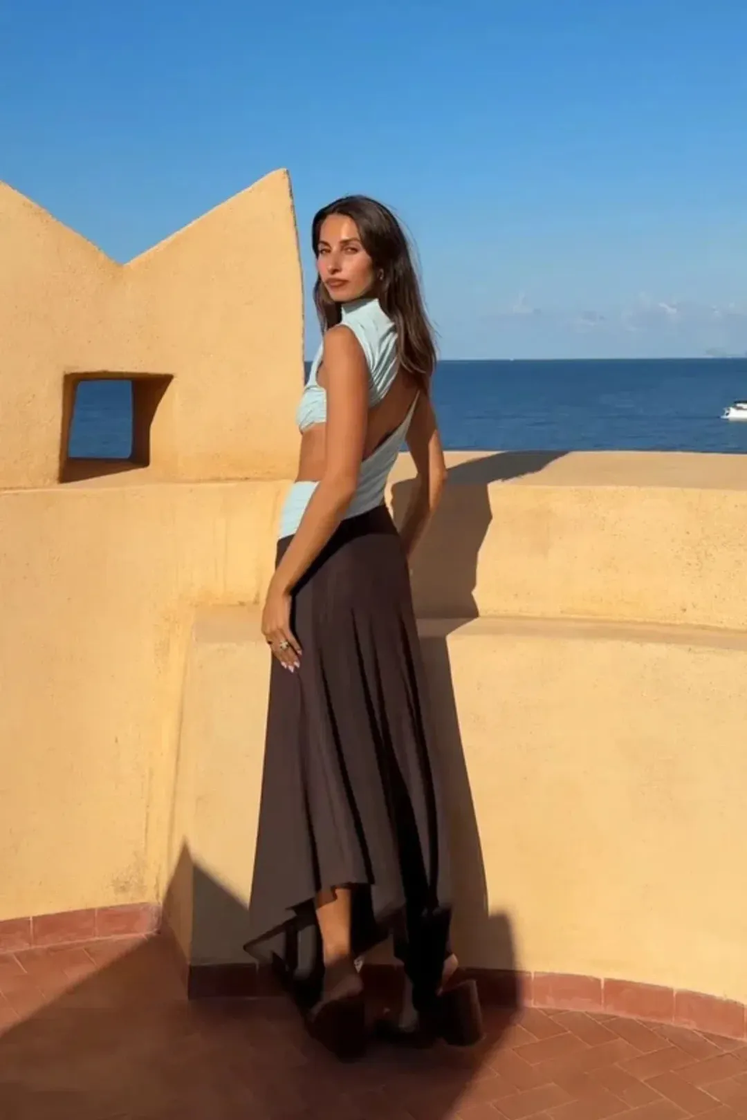 Bec & Bridge Conni Asym Midi Dress - Arctic Blue/Dark Choc for rent on The Volte - main image