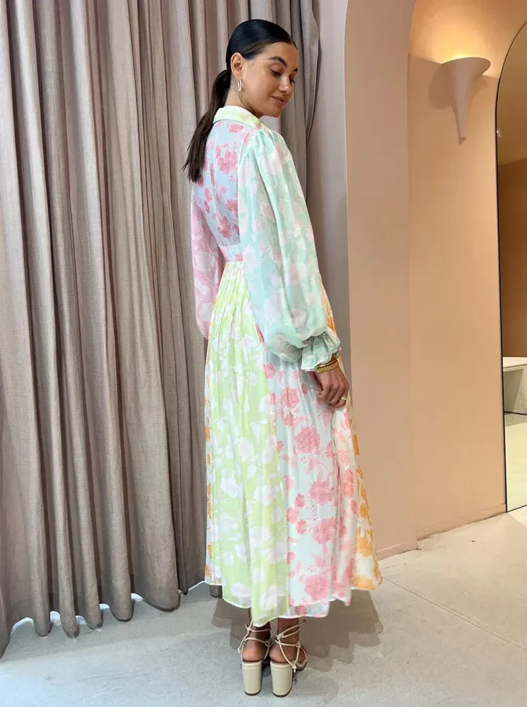 Leo Lin Cassie Tie Neck Midi Dress Anemone Splice Print. Size 10 for rent on The Volte - main image