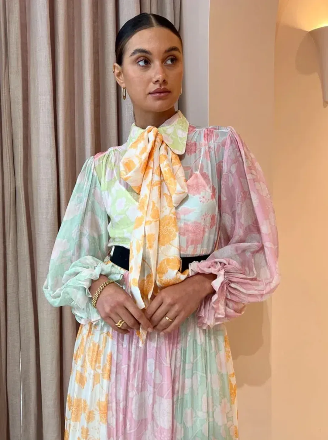 Leo Lin Cassie Tie Neck Midi Dress Anemone Splice Print. Size 10 for rent on The Volte - main image