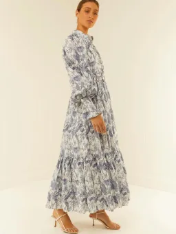 Palm Noosa Royal Flush Maxi Dress Size AU 14 Linen Jungle Blue Floral Print Long Sleeve for rent on The Volte - image 4