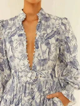 Palm Noosa Royal Flush Maxi Dress Size AU 14 Linen Jungle Blue Floral Print Long Sleeve for rent on The Volte - image 6