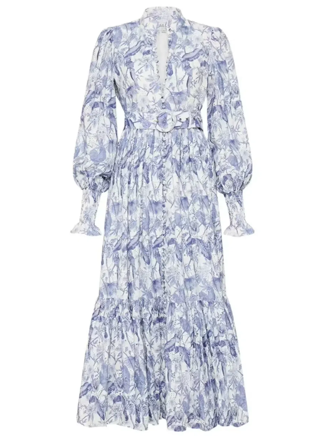 Palm Noosa Royal Flush Maxi Dress Size AU 14 Linen Jungle Blue Floral Print Long Sleeve for rent on The Volte - main image