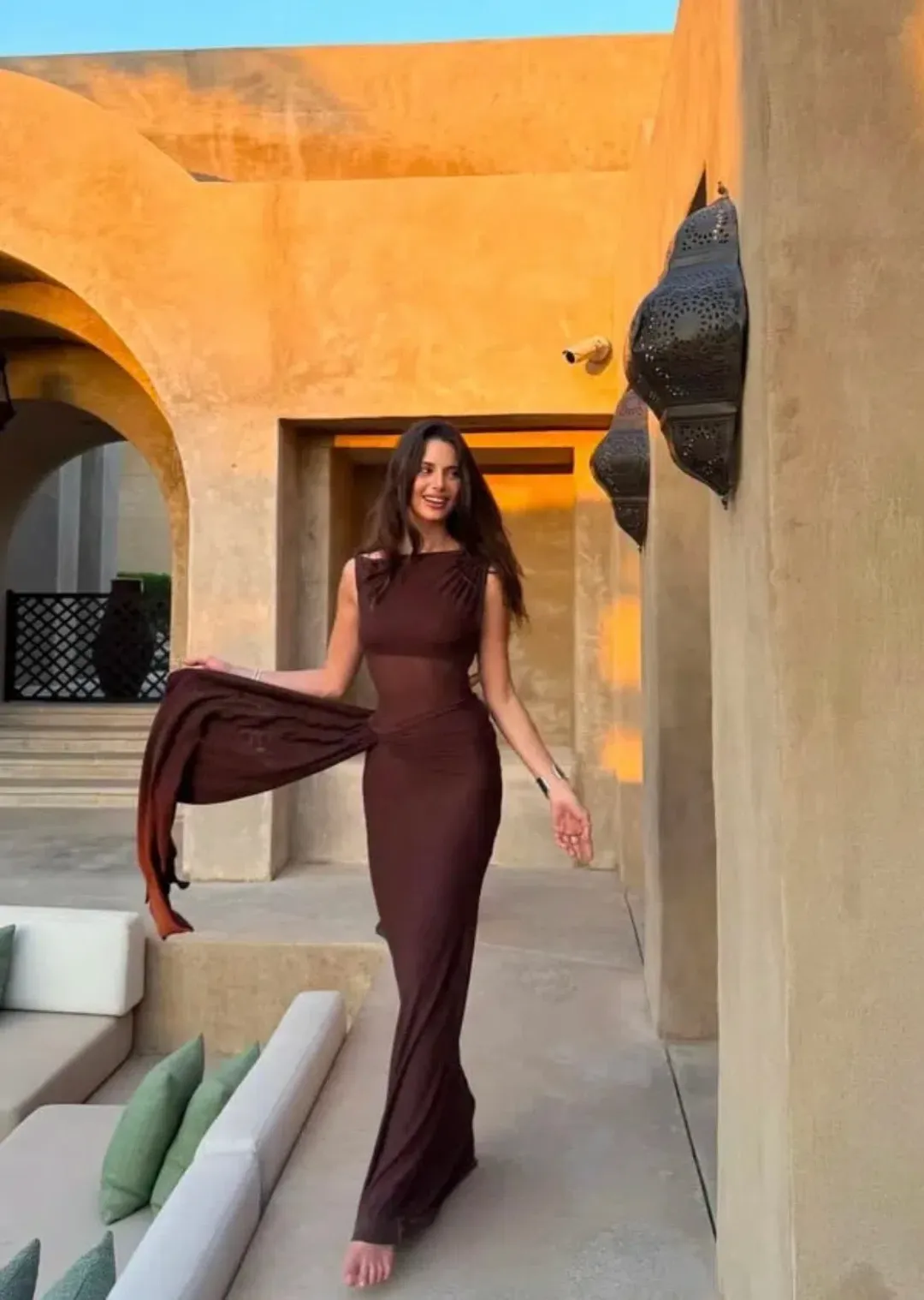 Misha Collection Sisal Mesh Maxi Dress Espresso Size 6/XS for rent on The Volte - main image