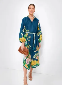 Alemais Lyla Linen Shirt Dress Blue Floral Size 8 for rent on The Volte - image 1