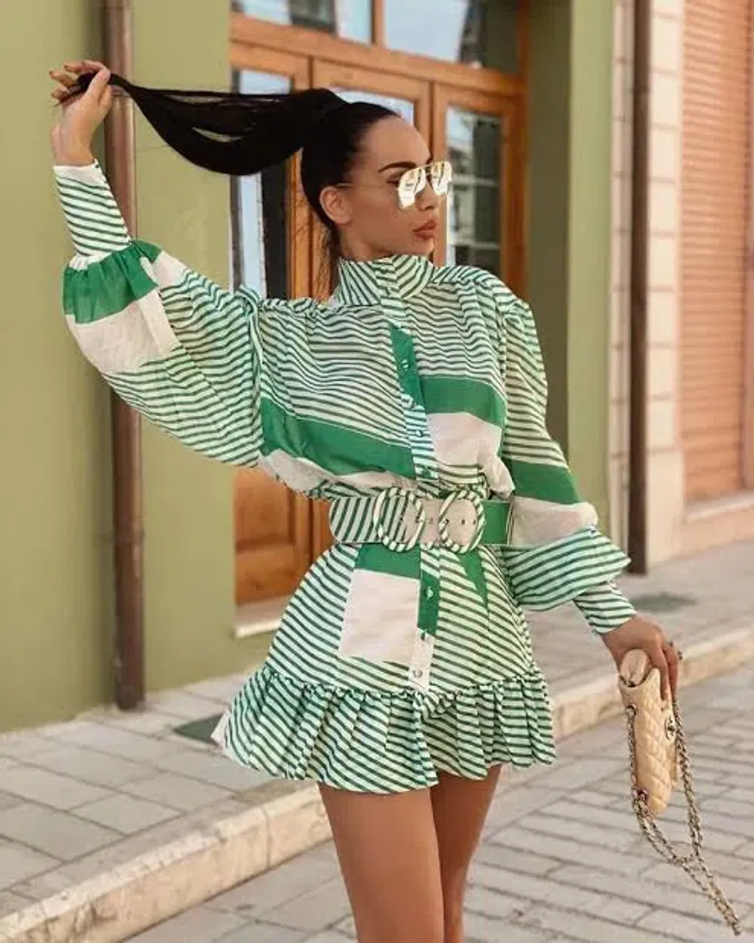 Mackenzie Mode Seeing Stars Mini Dress Green Stripe 10 M Medium for rent on The Volte - main image