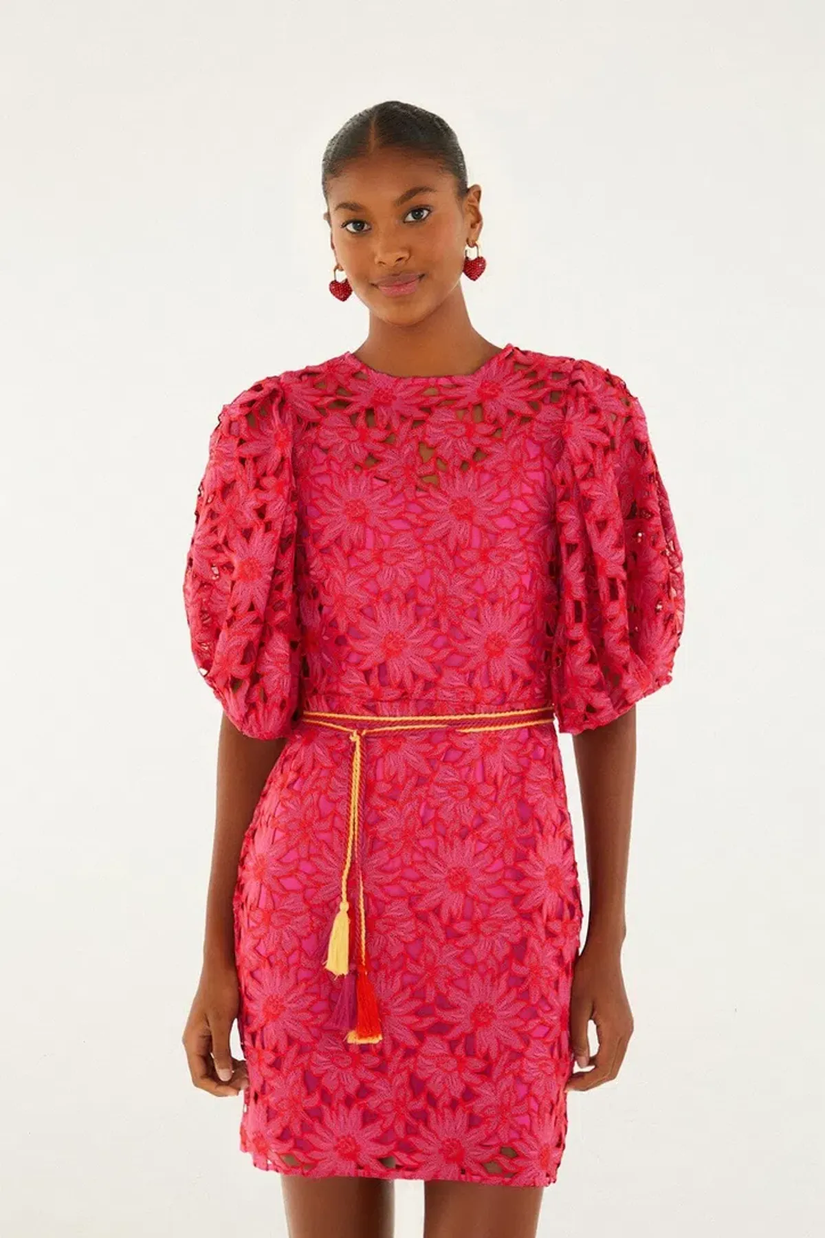 Farm Rio Pink Flowered Lace Puff Sleeve Lined Mini Dress M / AU 10 for rent on The Volte - main image