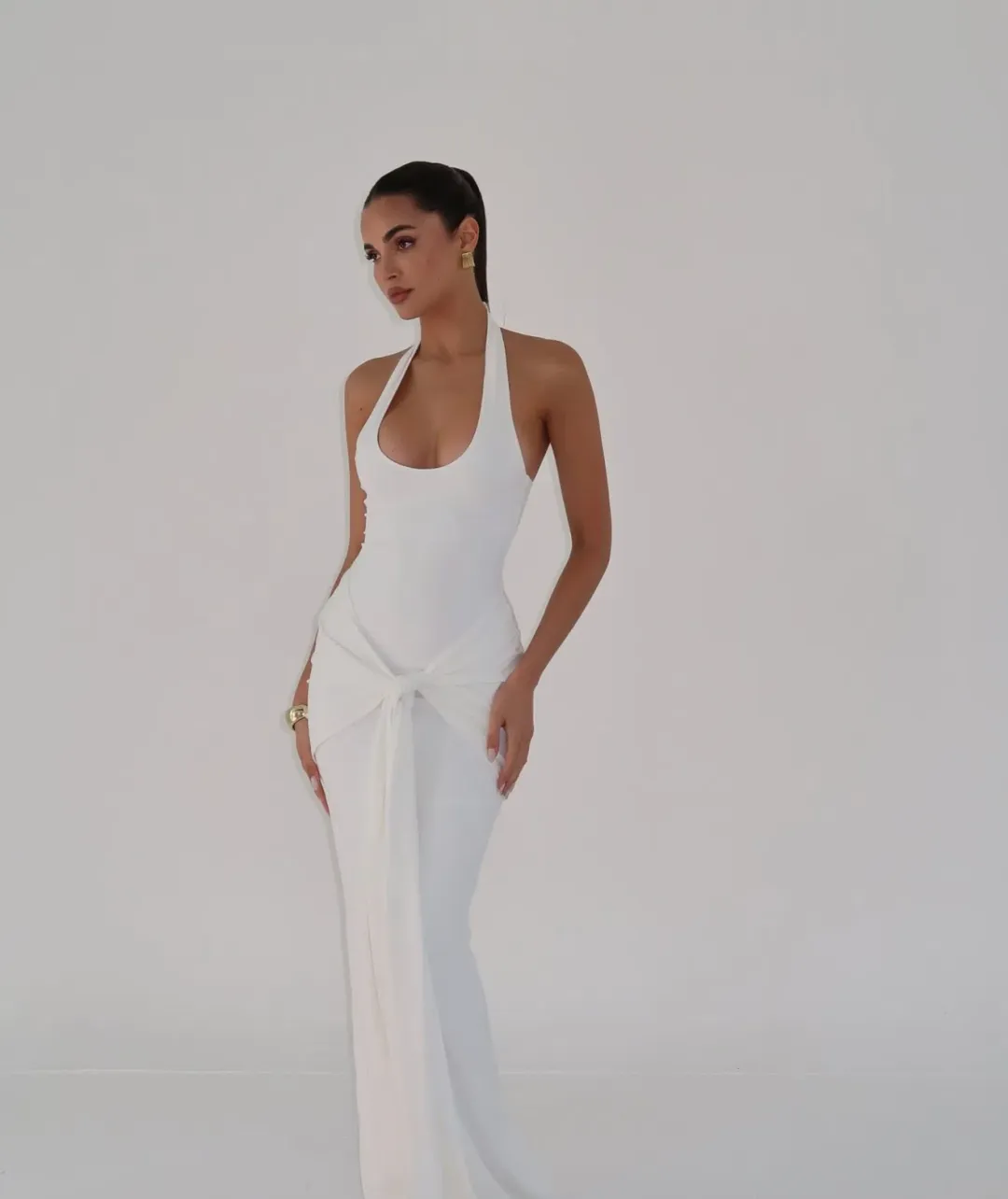 Babyboo Veneda draped halter maxi white size 6 for rent on The Volte - main image