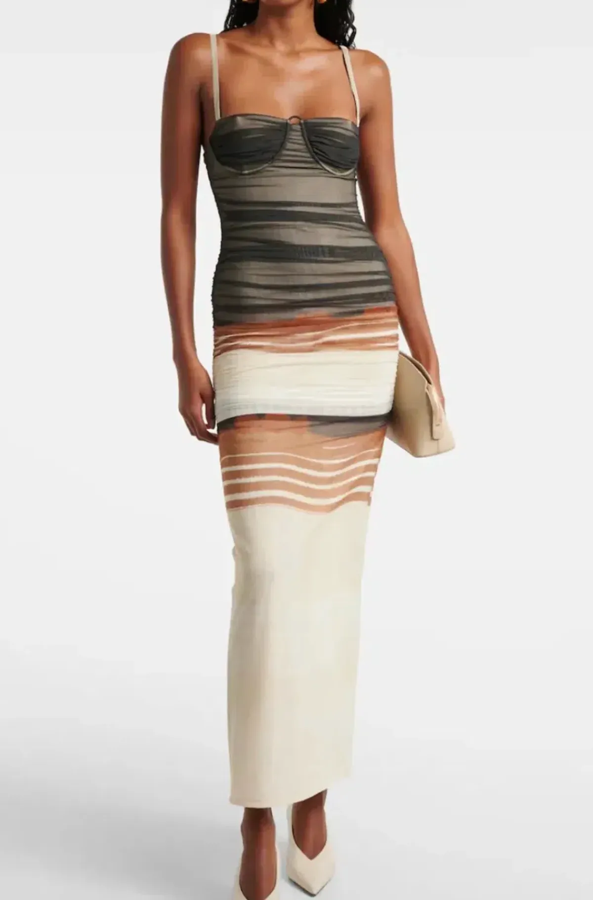 SIR THE LABEL BREEZE STRIPED RUCHED MESH MIDI DRESS MULTI SIZE 2 / AU 10 - Image 1