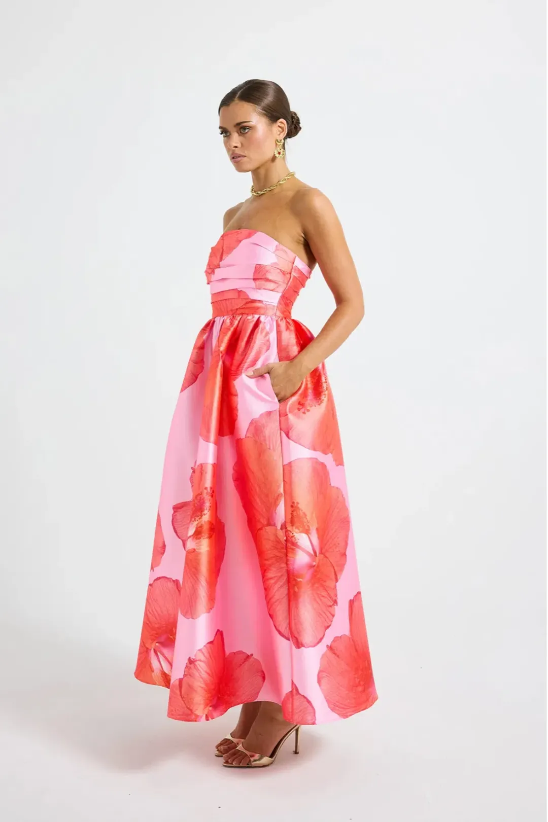 Pasduchas Kalani Strapless Midi Rasberry Pink / Orange size 10 for rent on The Volte - main image
