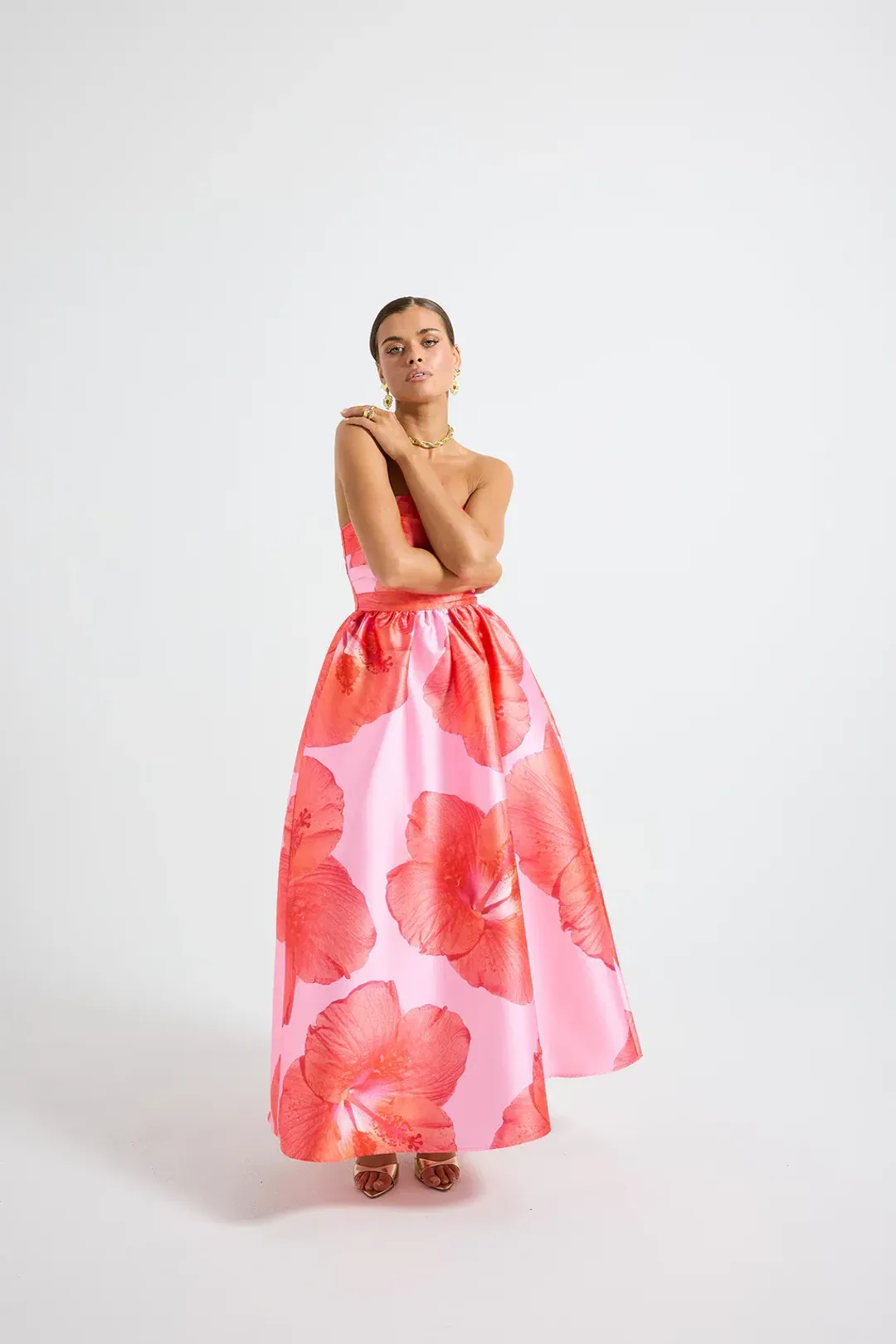 Pasduchas Kalani Strapless Midi Rasberry Pink / Orange size 10 for rent on The Volte - main image