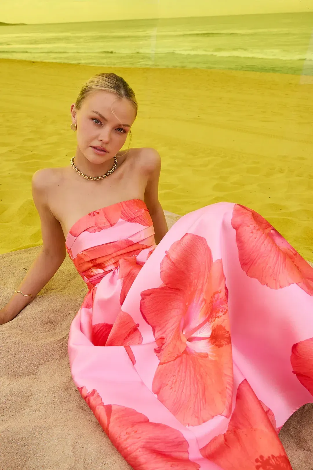 Pasduchas Kalani Strapless Midi Rasberry Pink / Orange size 10 for rent on The Volte - main image