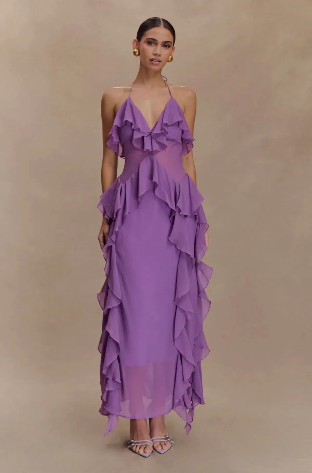 MESHKI -Aleyna chiffon ruffle midi dress for rent on The Volte - main image