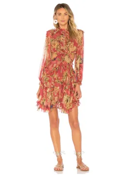 Zimmermann Melody Lace Up Short Dress Burgundy Floral Size 8 for rent on The Volte - image 1