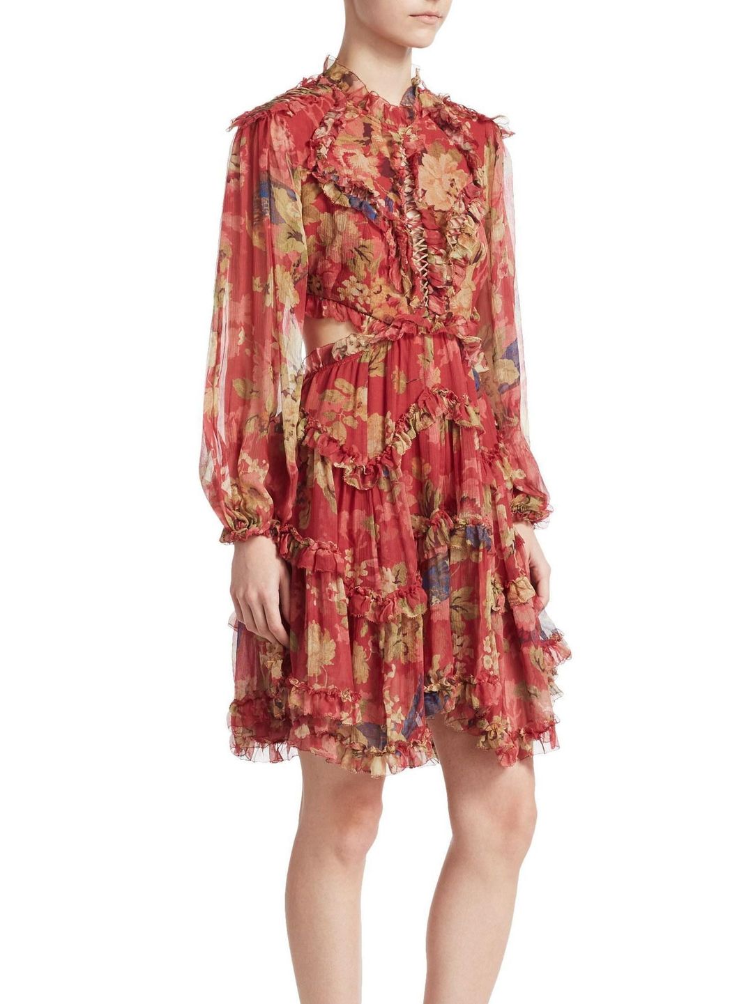 Zimmermann Melody Lace Up Short Dress Burgundy Floral Size 8 for rent on The Volte - main image